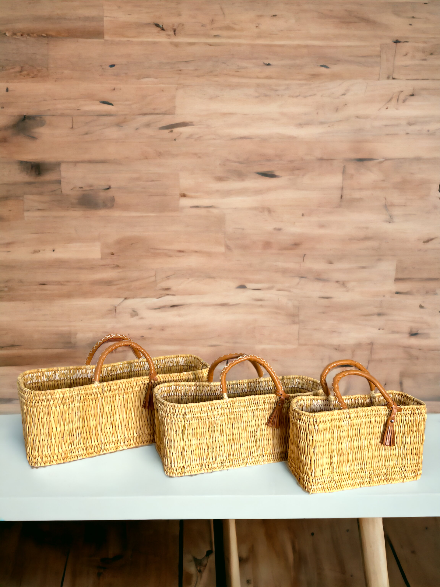 Natural Reed Baskets With Leather Moroccan handmade
