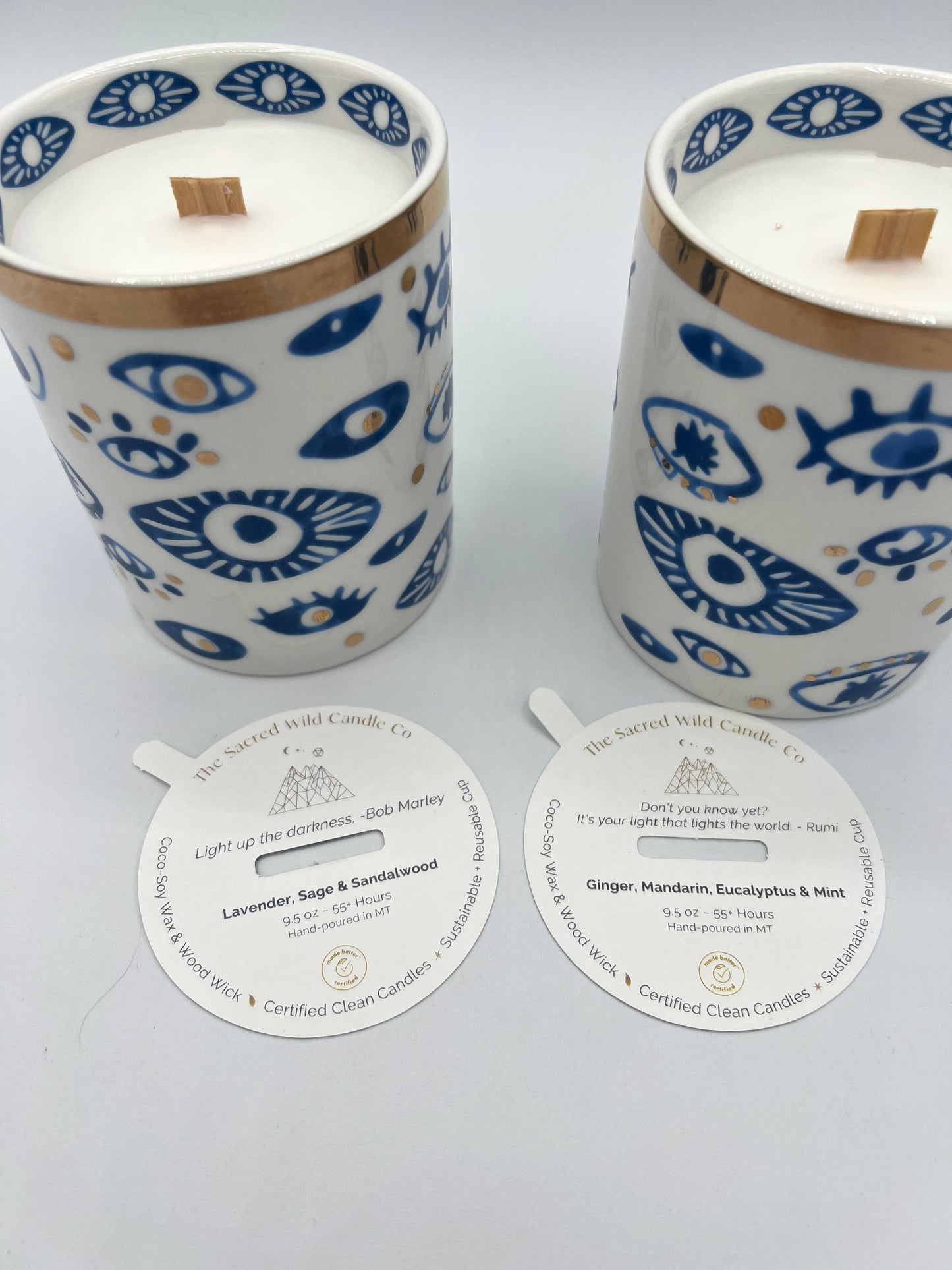 NEW! Beautiful Gold, Blue & White Ceramic "Evil Eye" Candle : Oud & Patchouli