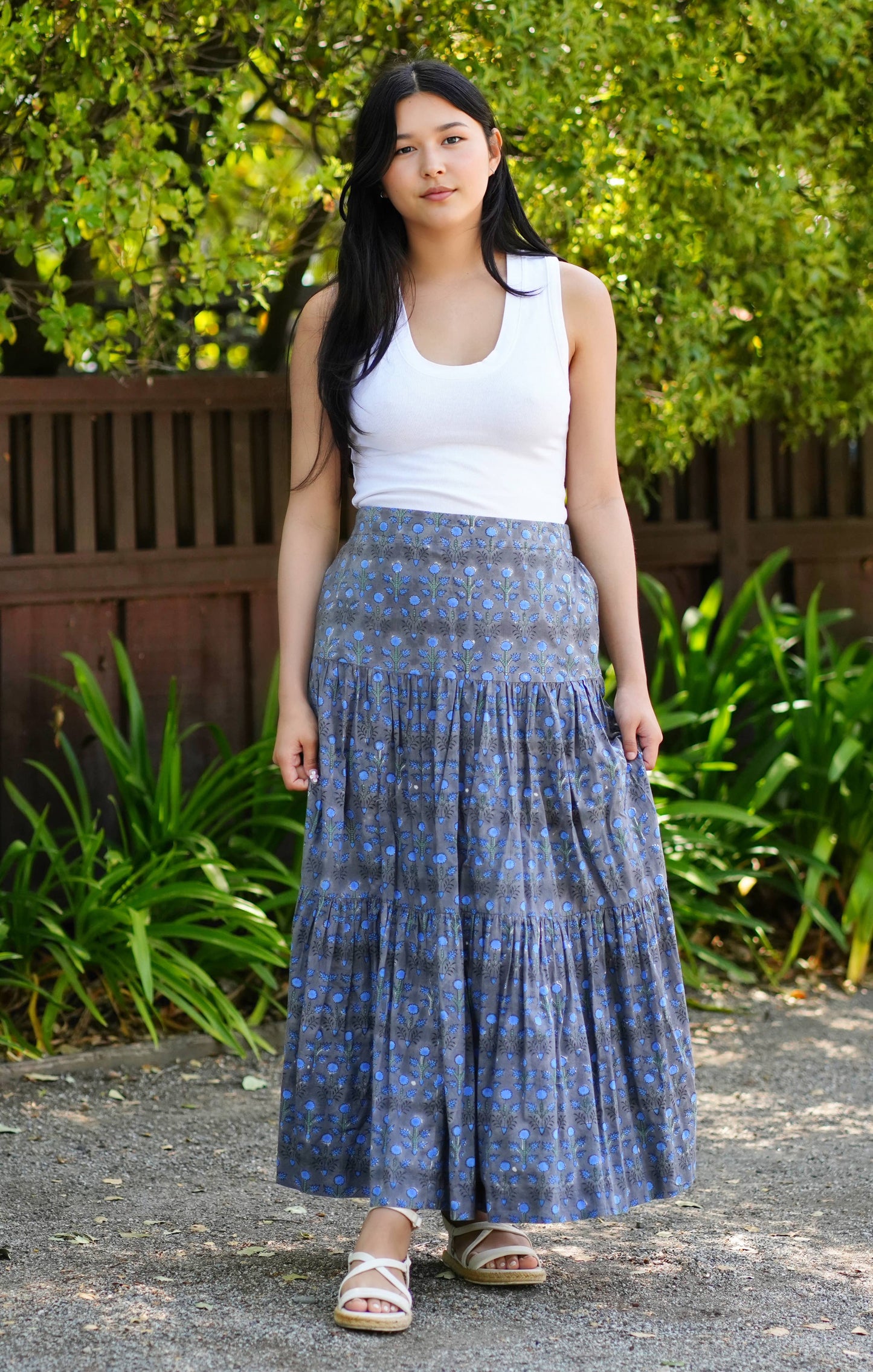 Block Printed Tiered Cotton Skirt- Grey Blue : S/M