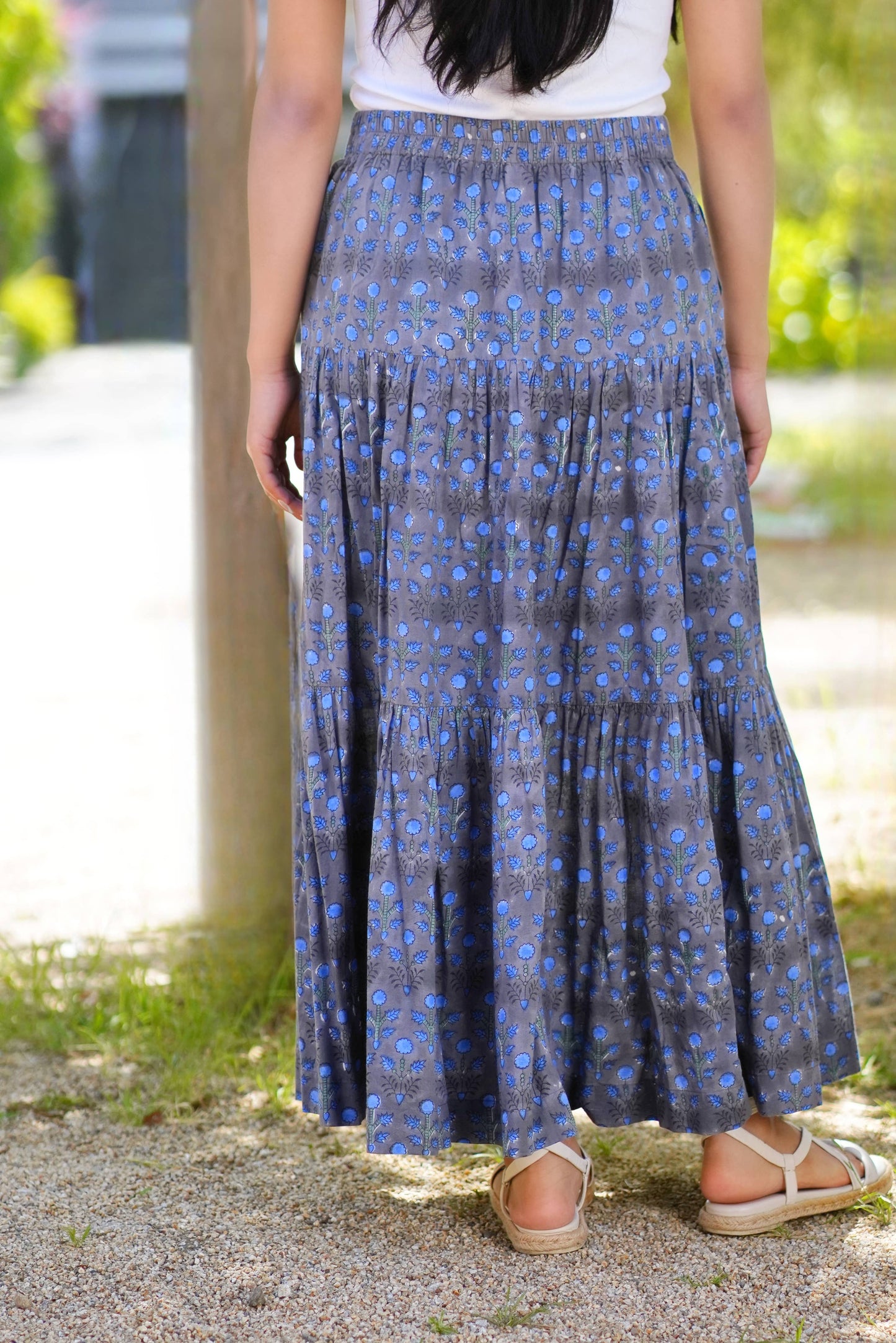 Block Printed Tiered Cotton Skirt- Grey Blue : S/M
