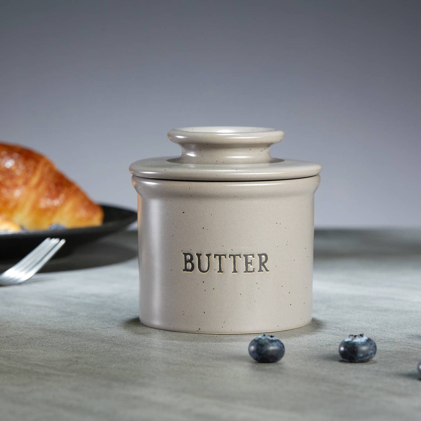 French Butter Keeper Dish, Ceramic: Gray