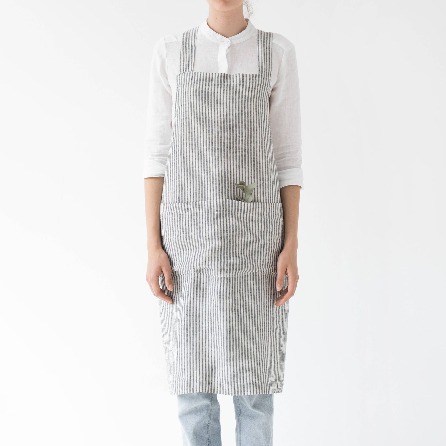 Thin Black Stripes Linen Japanese Crossback Apron