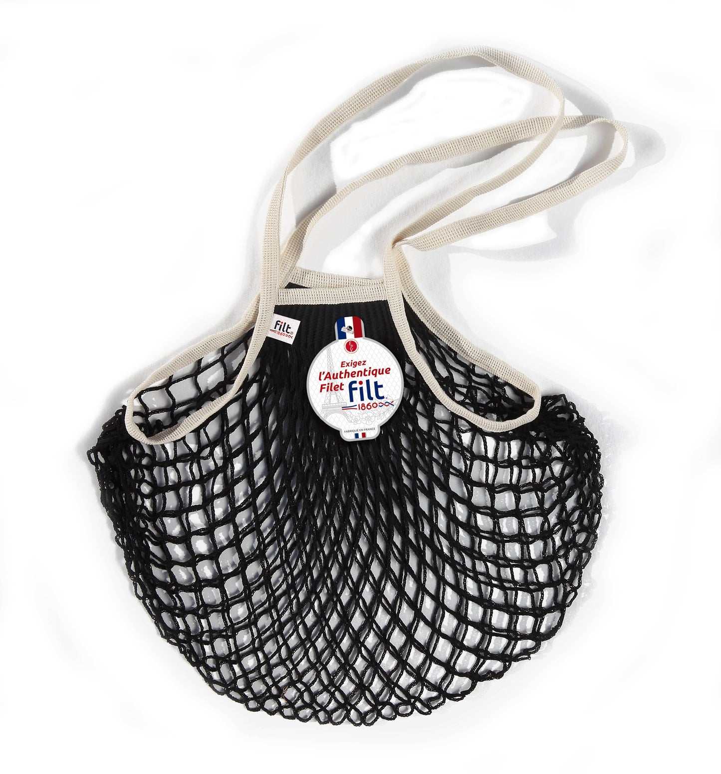 Black shopping net with large ecru handles