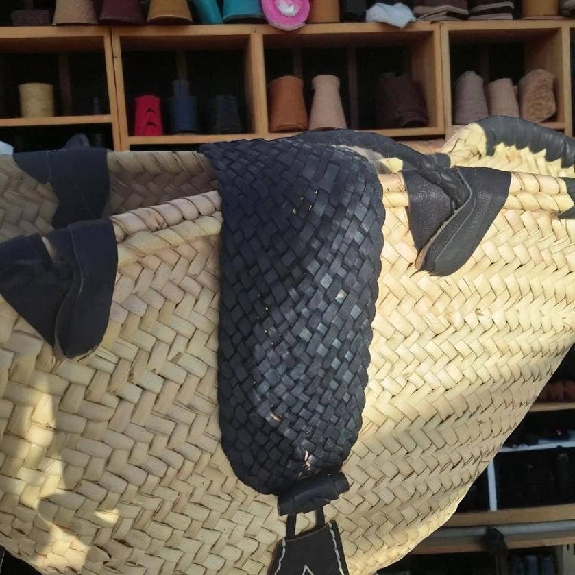 French Market Basket - Moroccan Straw Bag Leather Handles: Brown