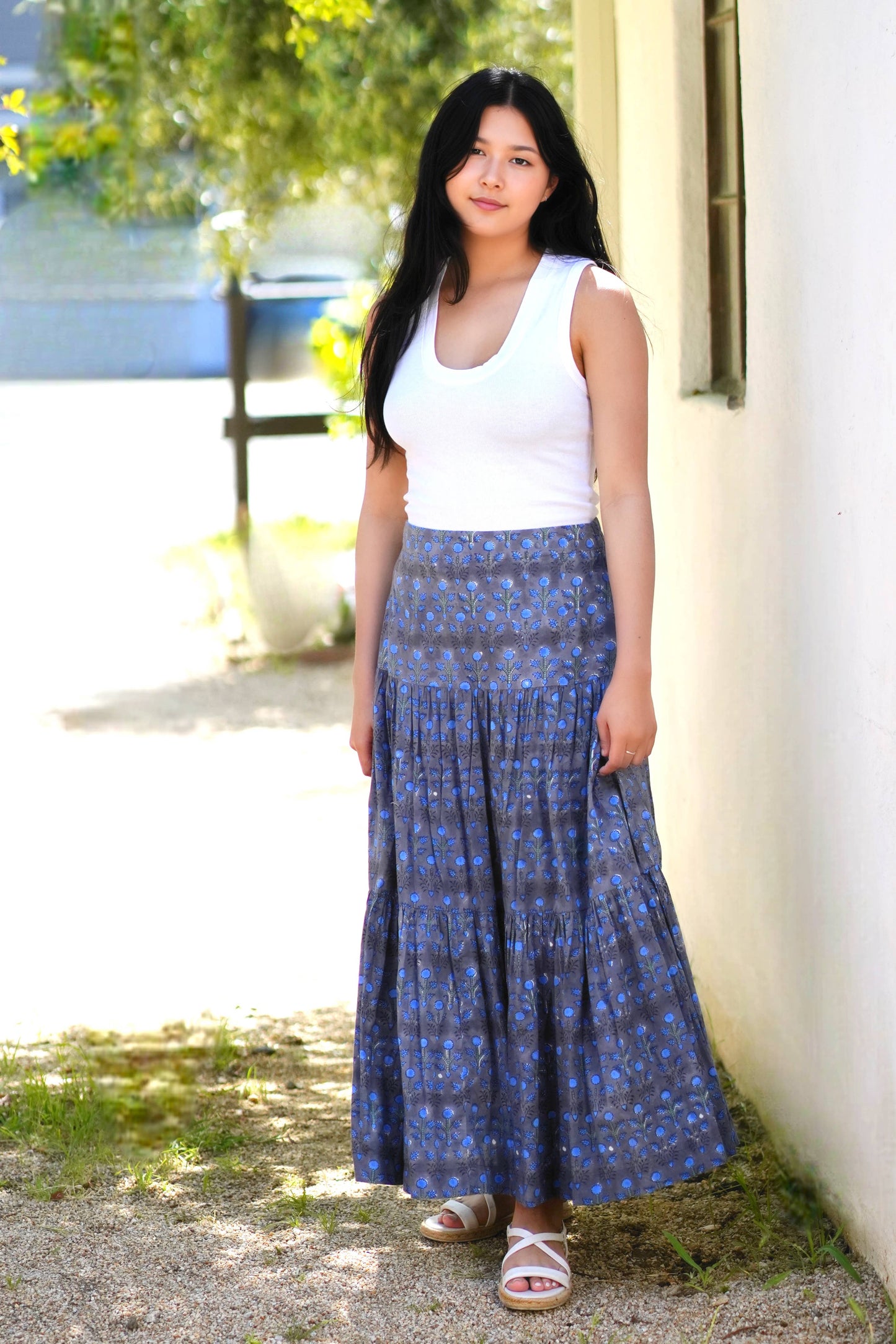 Block Printed Tiered Cotton Skirt- Grey Blue : S/M