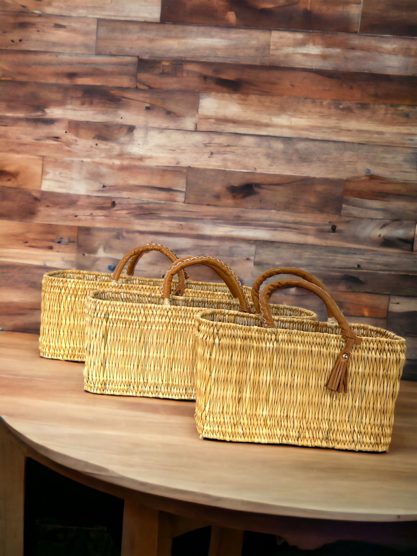 Natural Reed Baskets With Leather Moroccan handmade