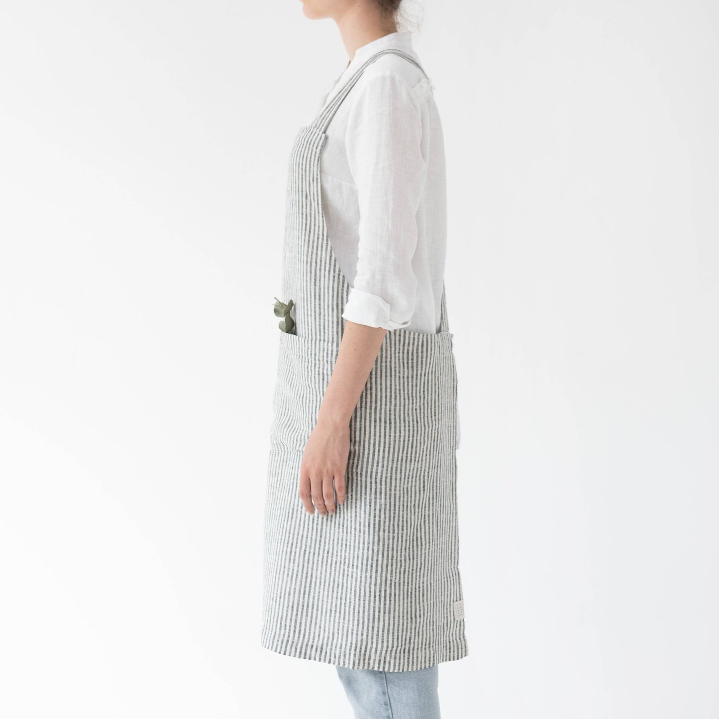 Thin Black Stripes Linen Japanese Crossback Apron