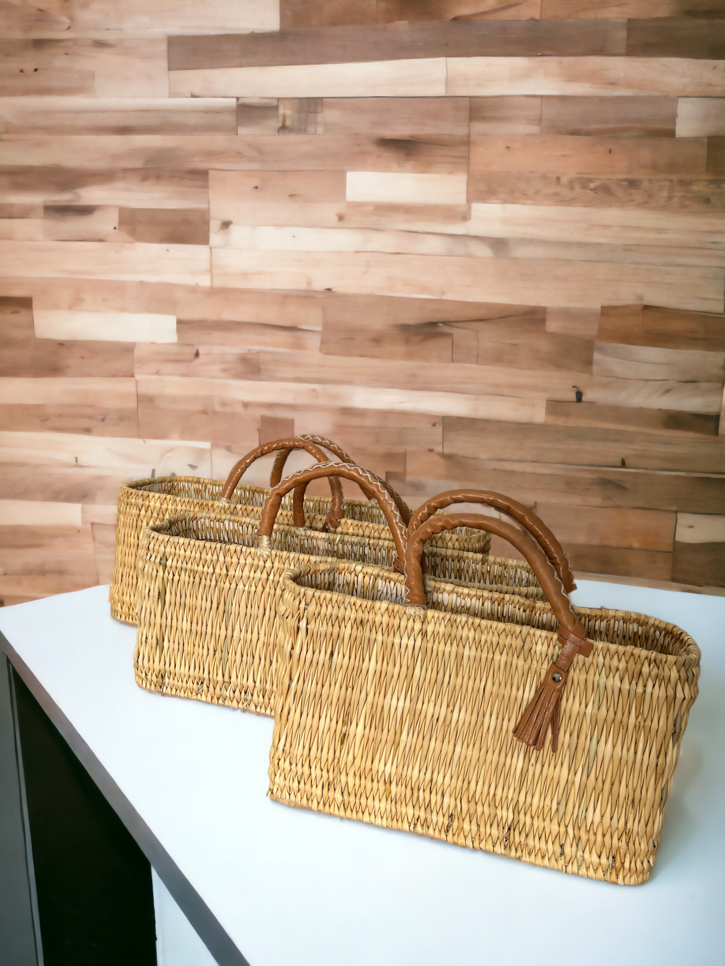 Natural Reed Baskets With Leather Moroccan handmade