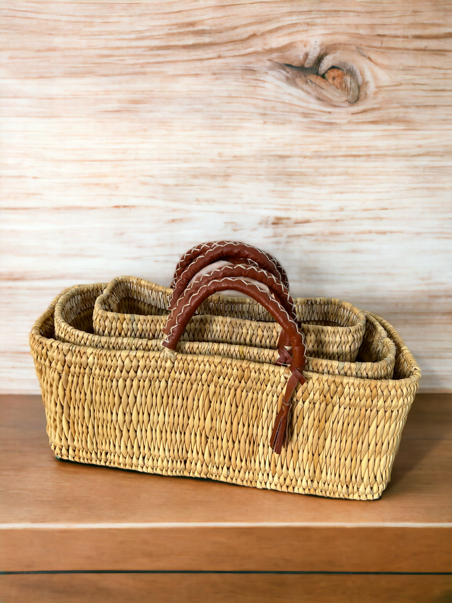 Natural Reed Baskets With Leather Moroccan handmade