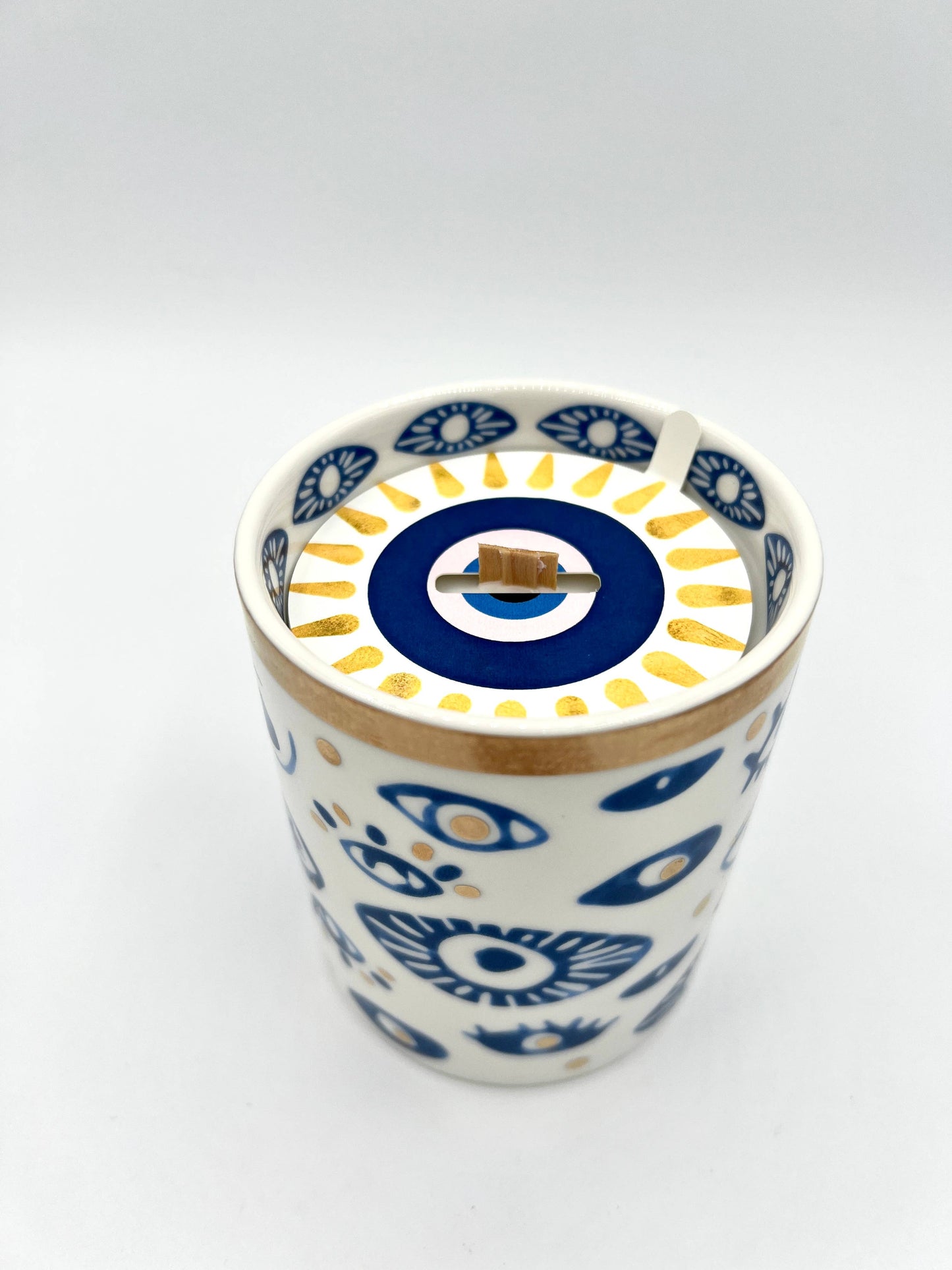 NEW! Beautiful Gold, Blue & White Ceramic "Evil Eye" Candle : Oud & Patchouli
