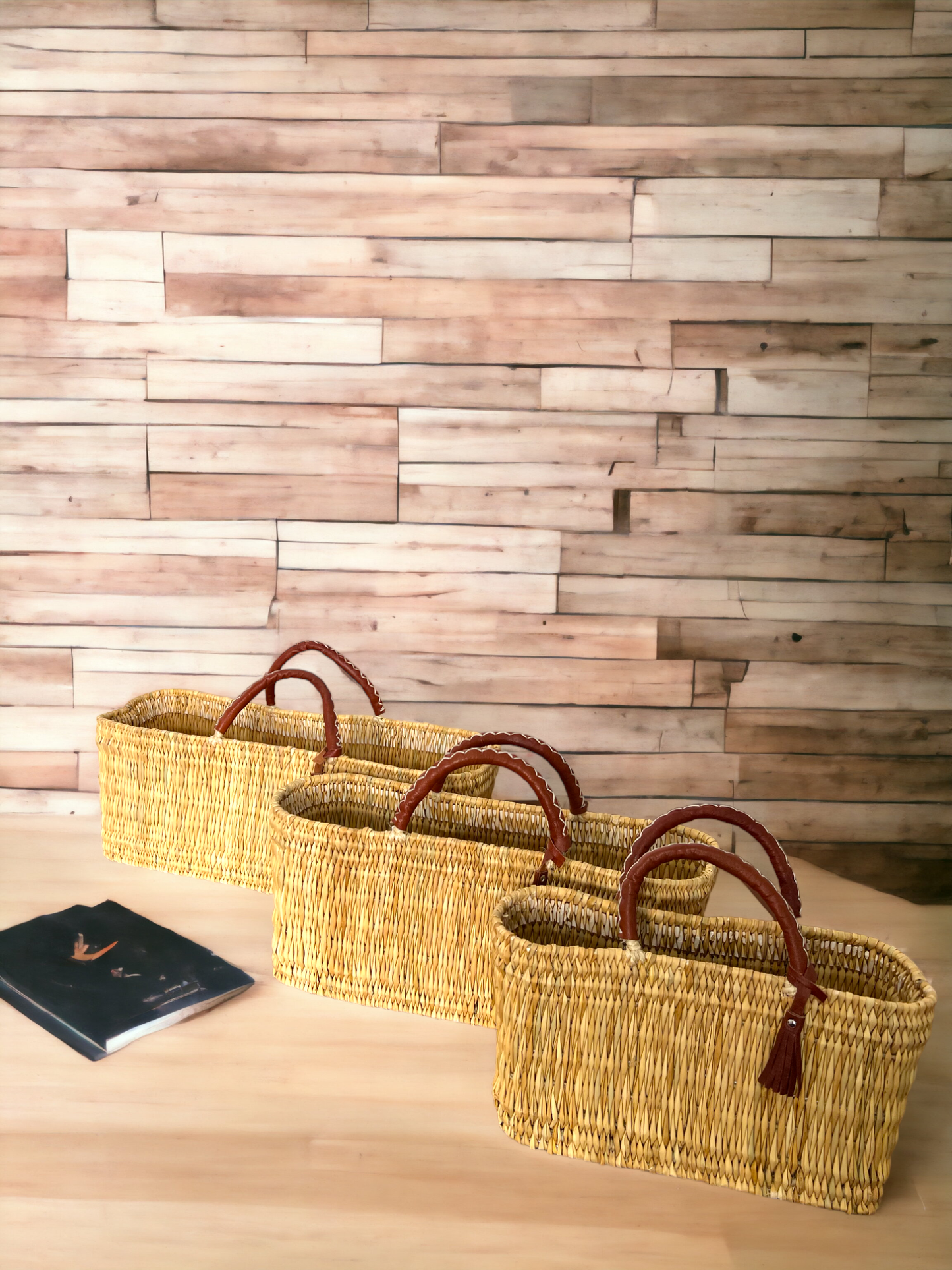 Natural Reed Baskets With Leather Moroccan handmade