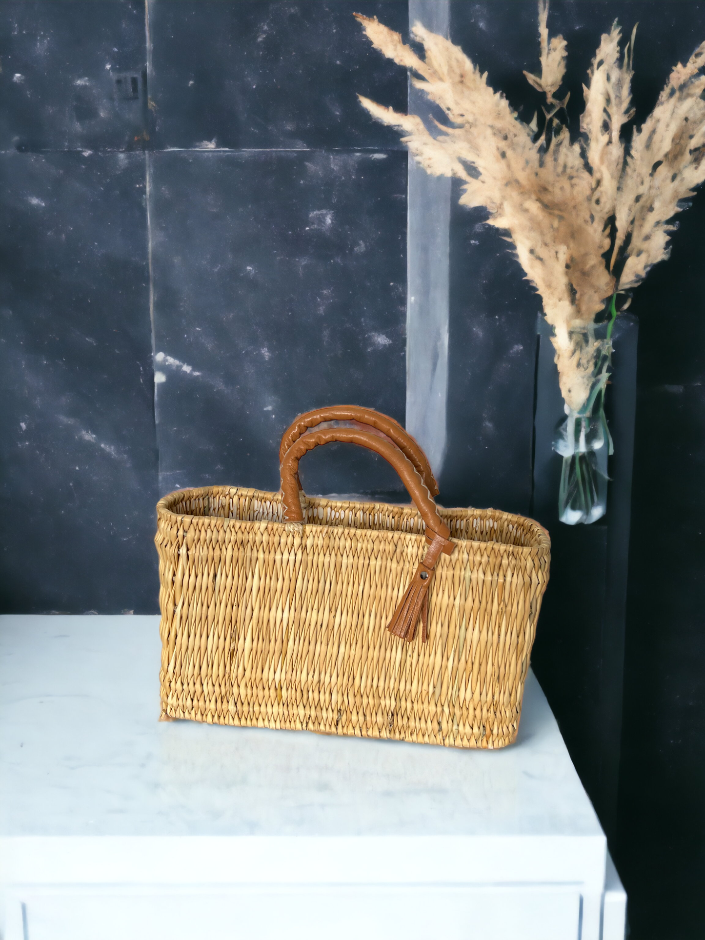 Natural Reed Baskets With Leather Moroccan handmade