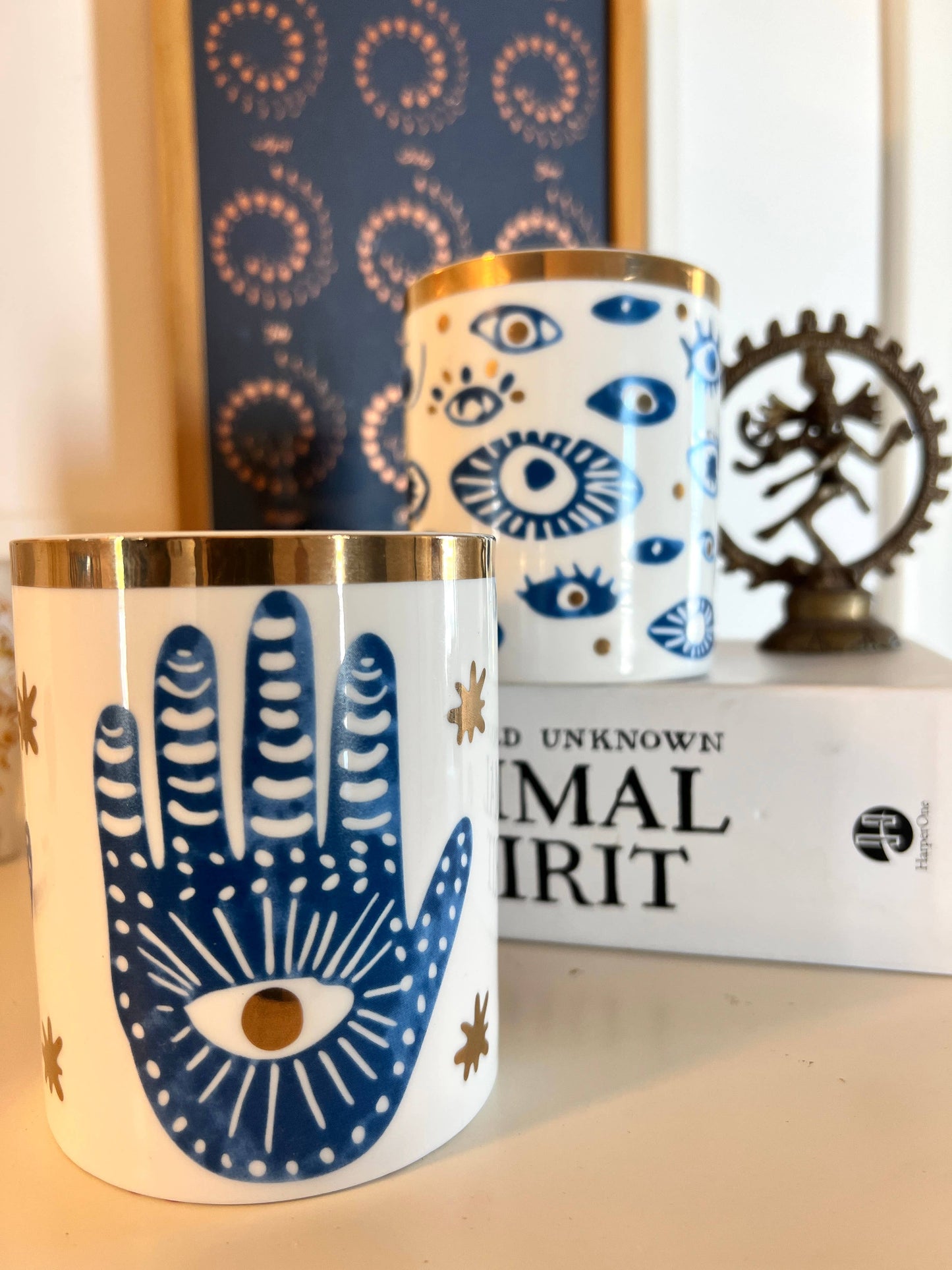 NEW! Beautiful Gold, Blue & White Ceramic "Evil Eye" Candle : Oud & Patchouli