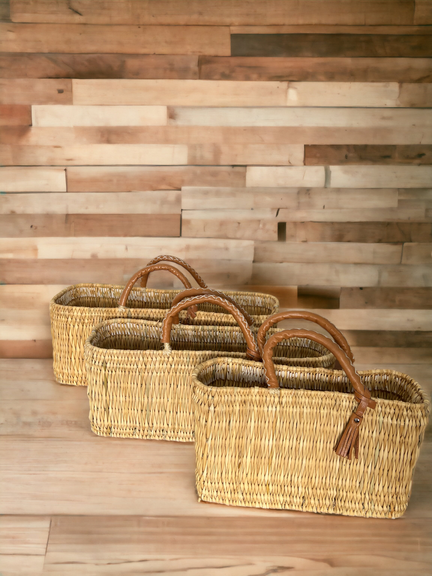 Natural Reed Baskets With Leather Moroccan handmade