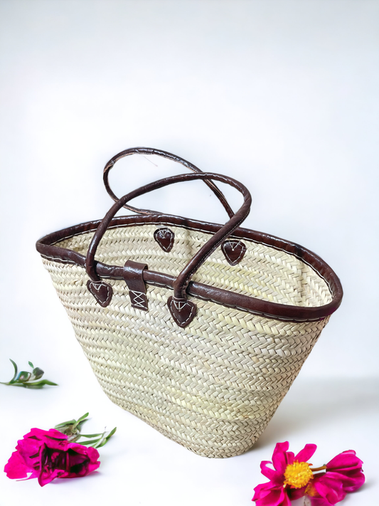 French Market Basket with Buckle and Leather - Dark Brown