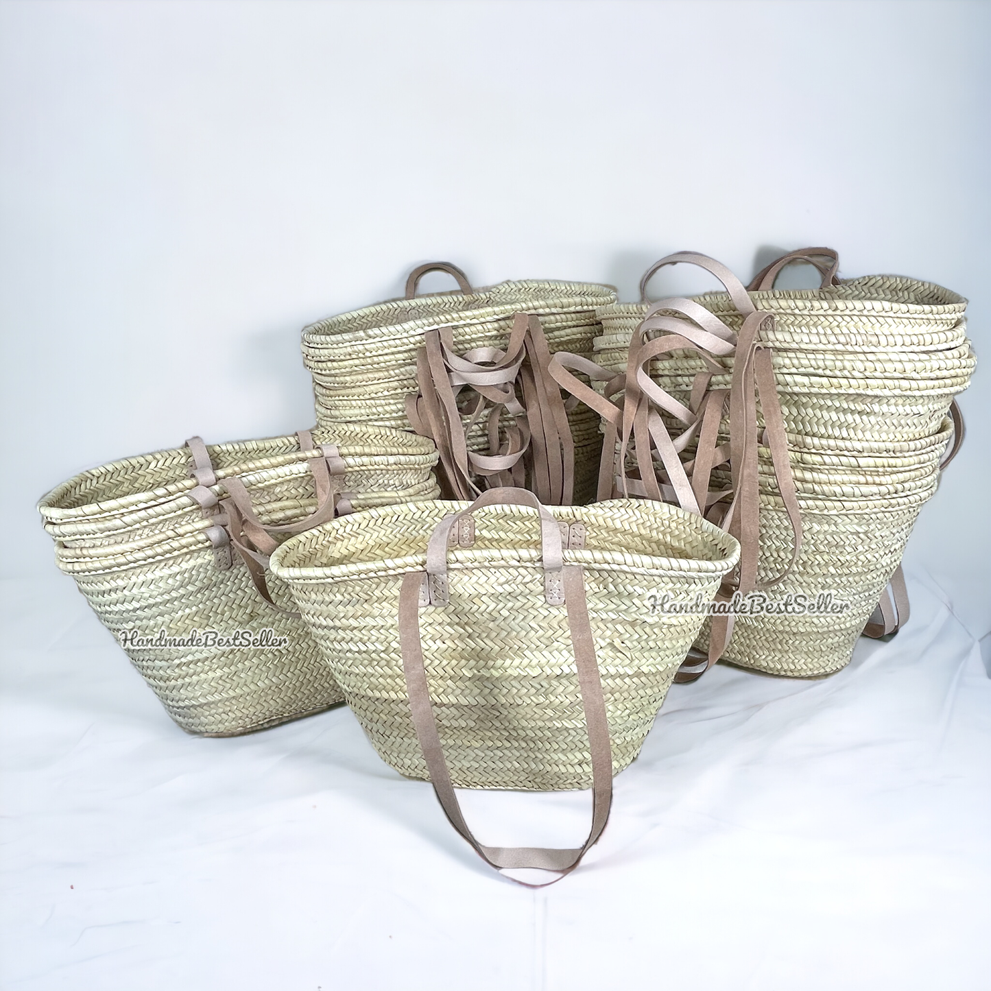 French Market Basket With Leather Handles, Straw bag: Brown
