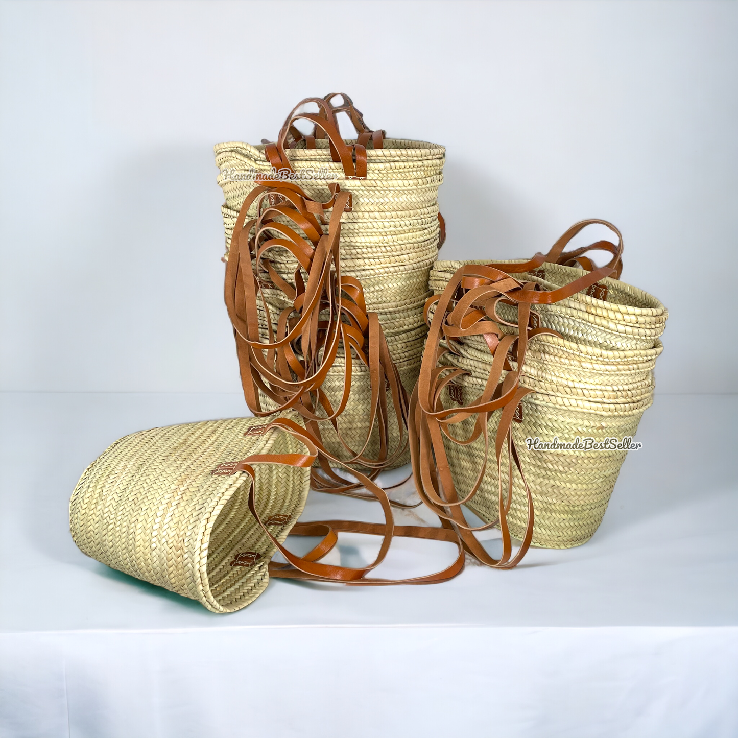 French Market Basket With Leather Handles, Straw bag: Brown