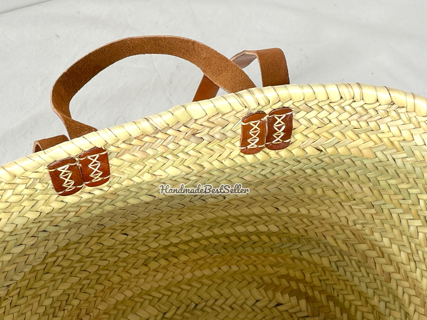 French Market Basket With Leather Handles, Straw bag: Brown