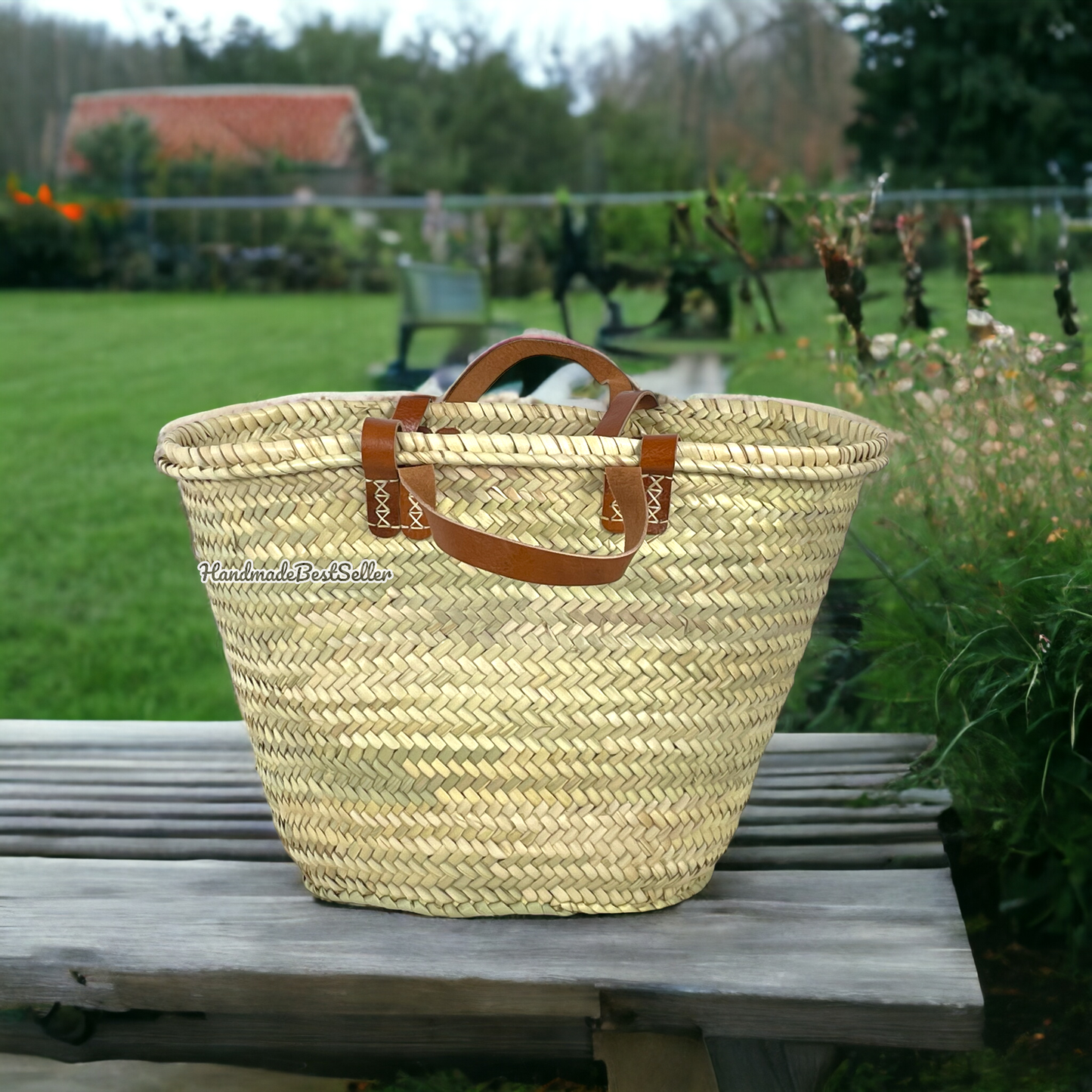 French Market Basket With Leather Handles, Straw bag: Brown