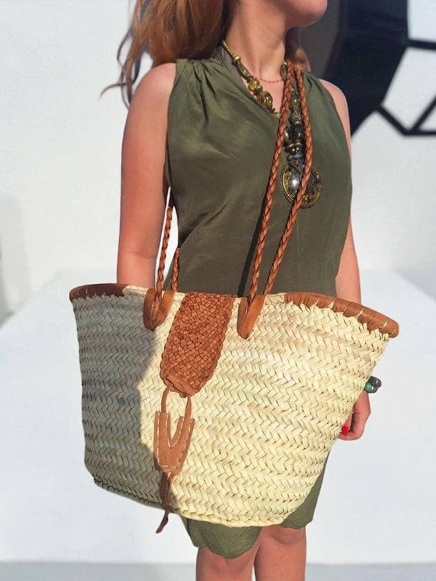 French Market Basket - Moroccan Straw Bag Leather Handles: Brown