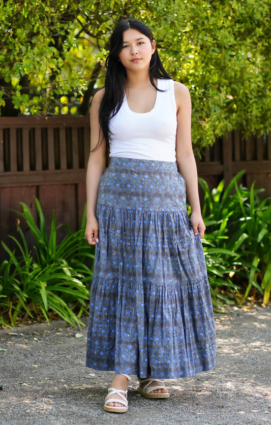 Block Printed Tiered Cotton Skirt- Grey Blue : S/M