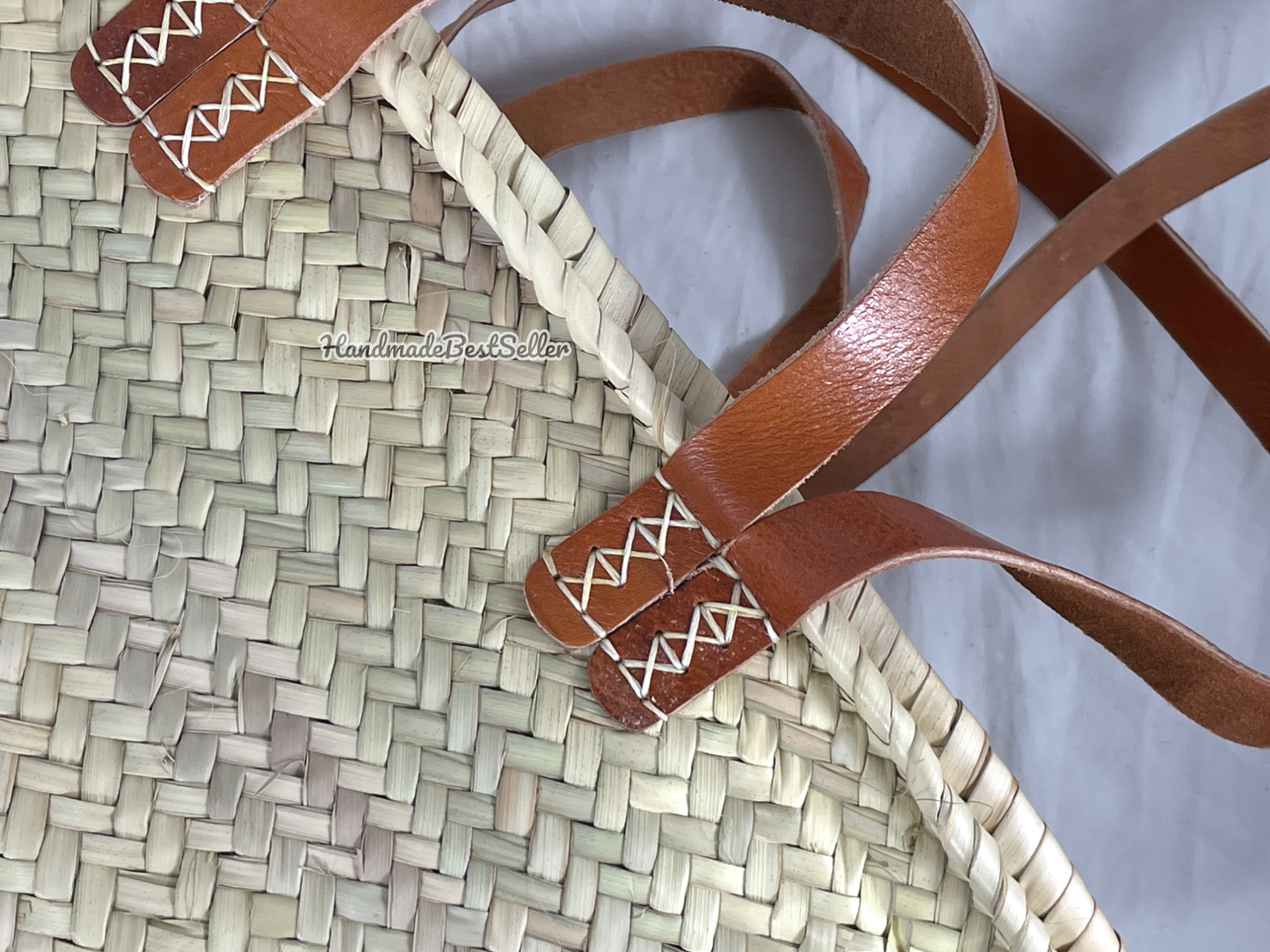 French Market Basket With Leather Handles, Straw bag: Brown