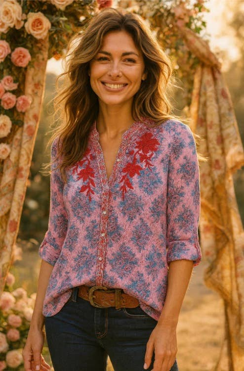 Rosé Reverie Embroidered Blouse