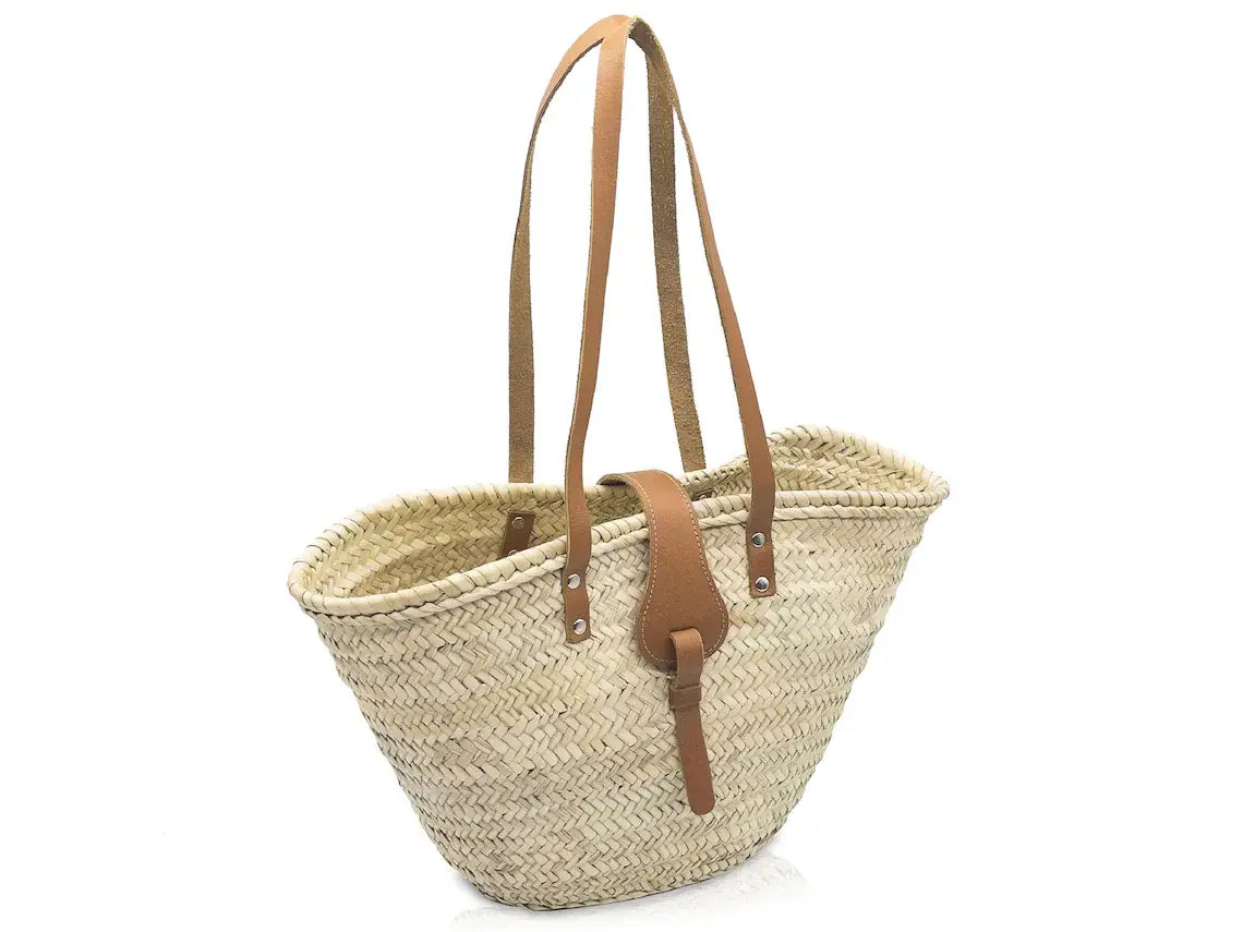 FRENCH BASKET straw bag with leather handles beach bag: Brown