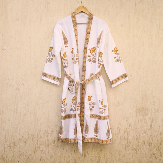 Mustard Hibiscus White Floral Cotton Waffle Bathrobe