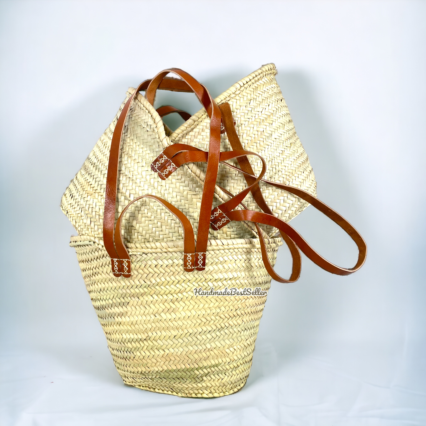 French Market Basket With Leather Handles, Straw bag: Brown