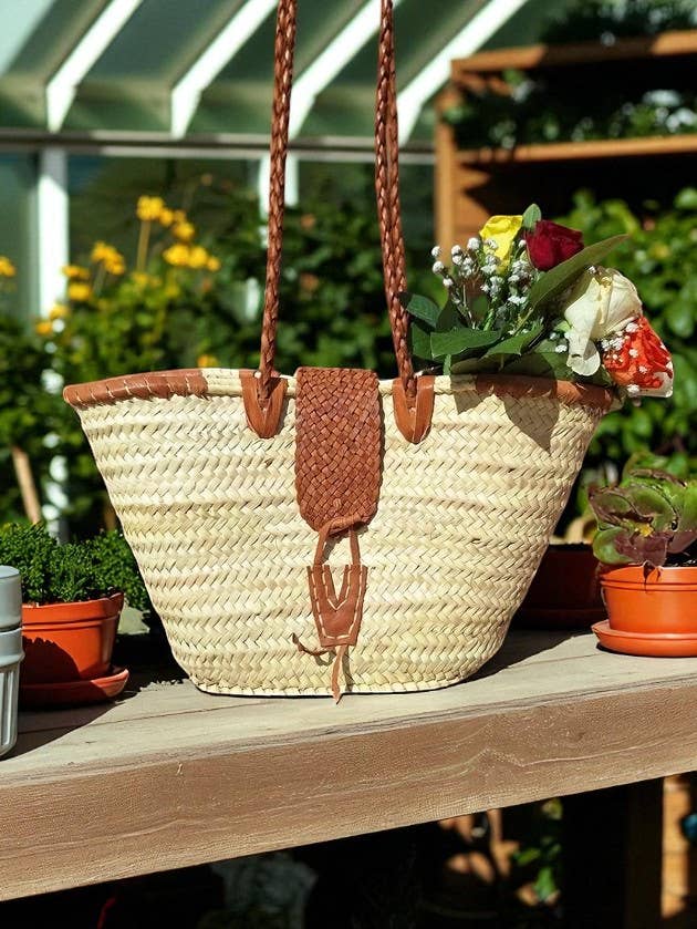 French Market Basket - Moroccan Straw Bag Leather Handles: Brown