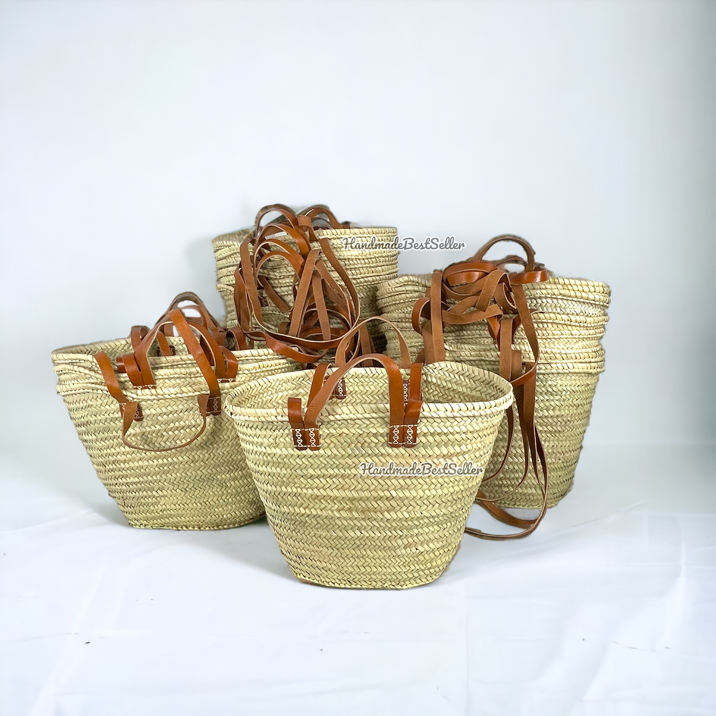 French Market Basket With Leather Handles, Straw bag: Brown