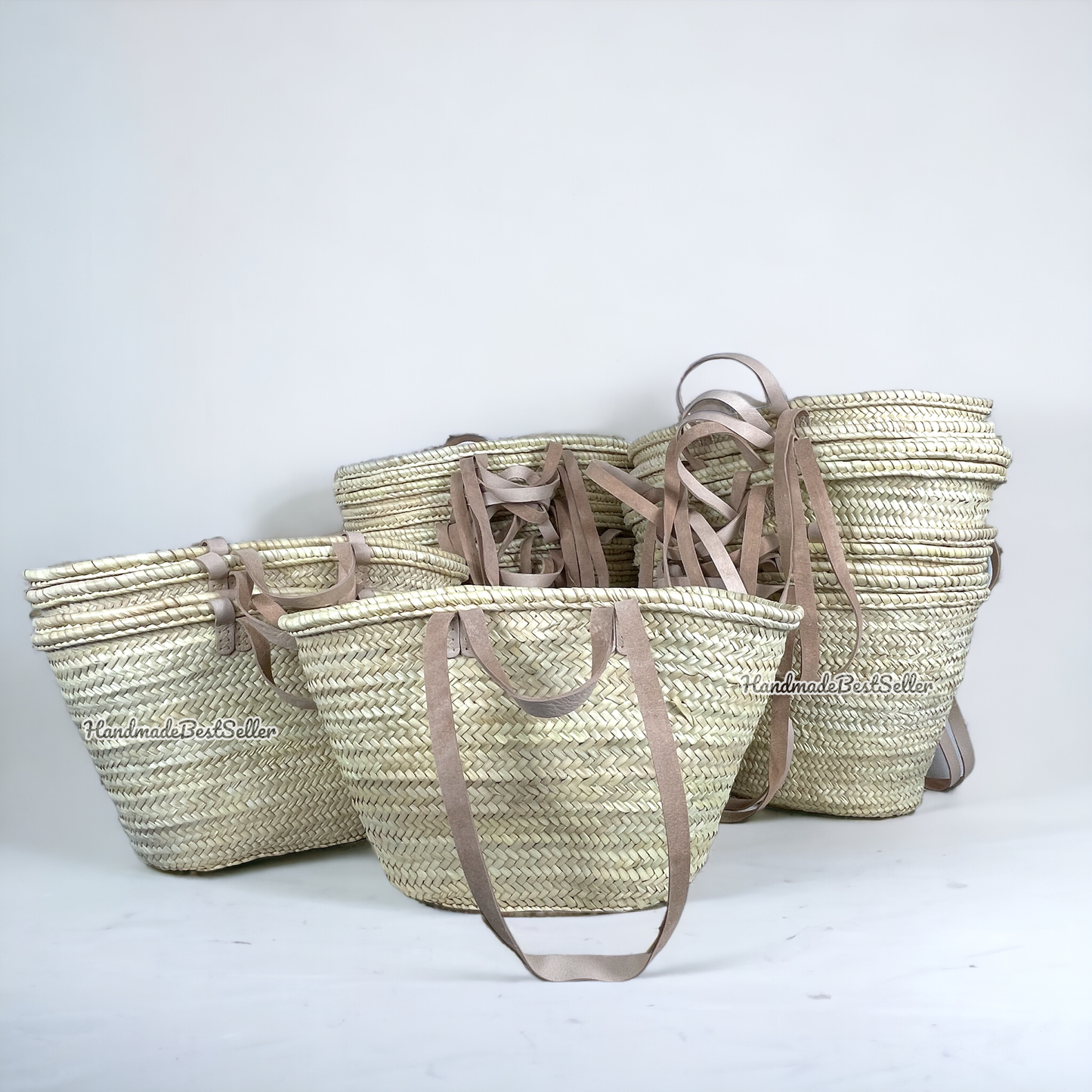 French Market Basket With Leather Handles, Straw bag: Brown