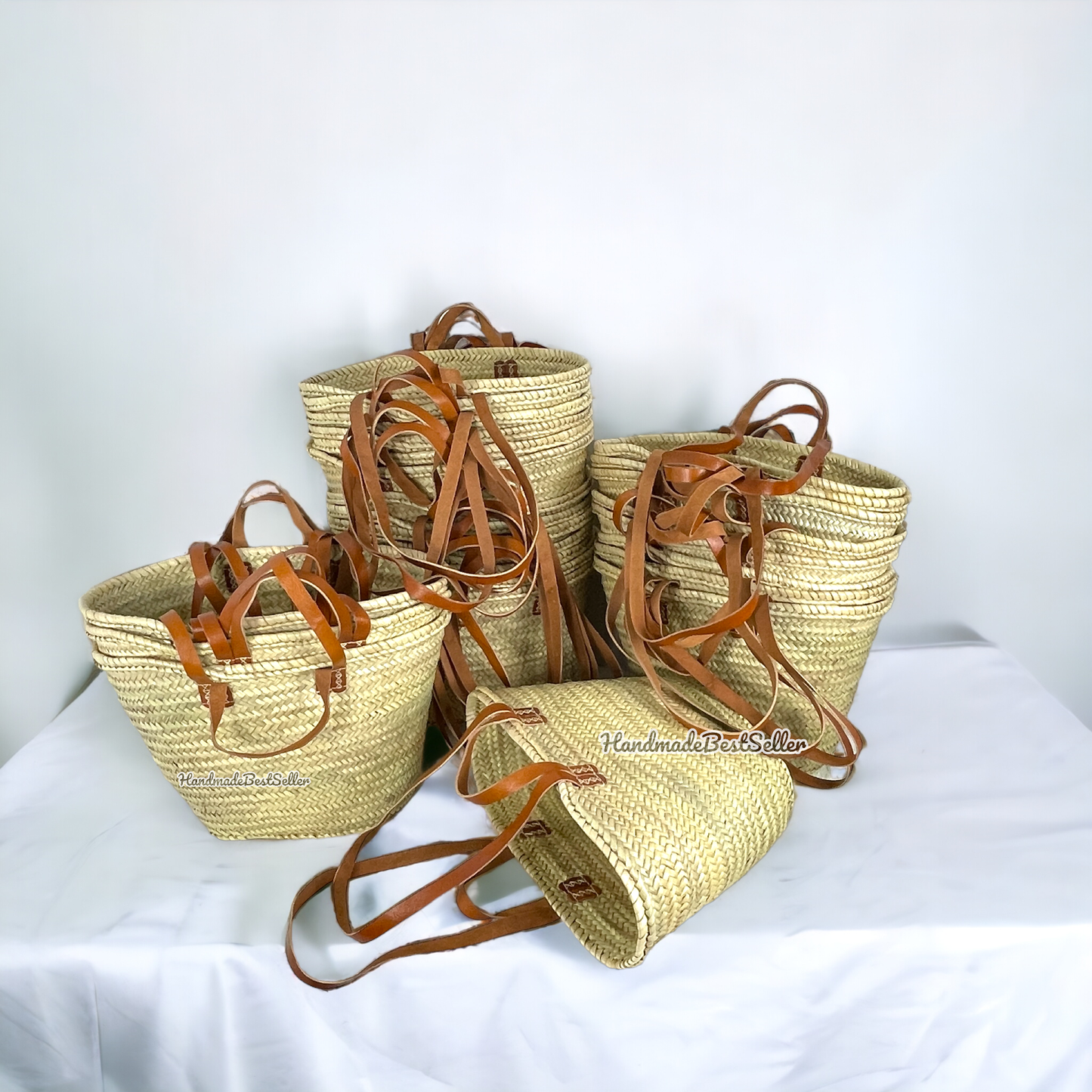 French Market Basket With Leather Handles, Straw bag: Brown