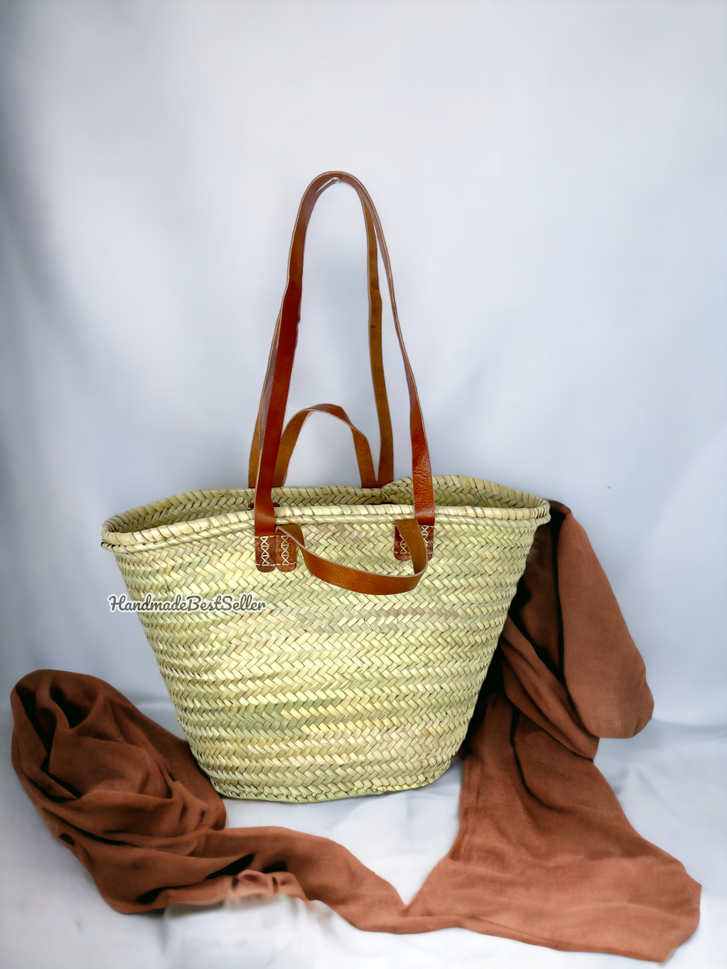 French Market Basket With Leather Handles, Straw bag: Brown