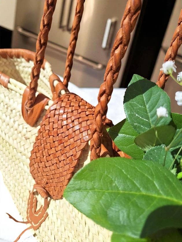French Market Basket - Moroccan Straw Bag Leather Handles: Brown